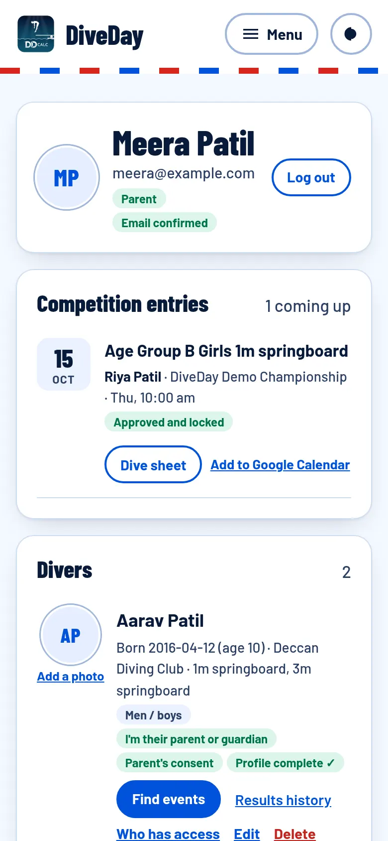 Your account: competition entries and their status