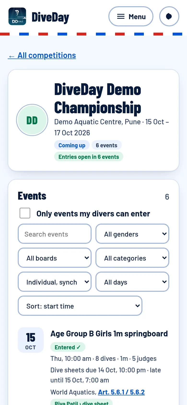 A competition page with its events and deadlines
