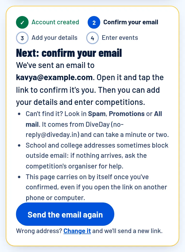 Next: confirm your email, with Send the email again