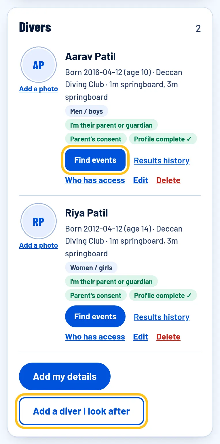 The Divers list with Add a diver I look after and Find events