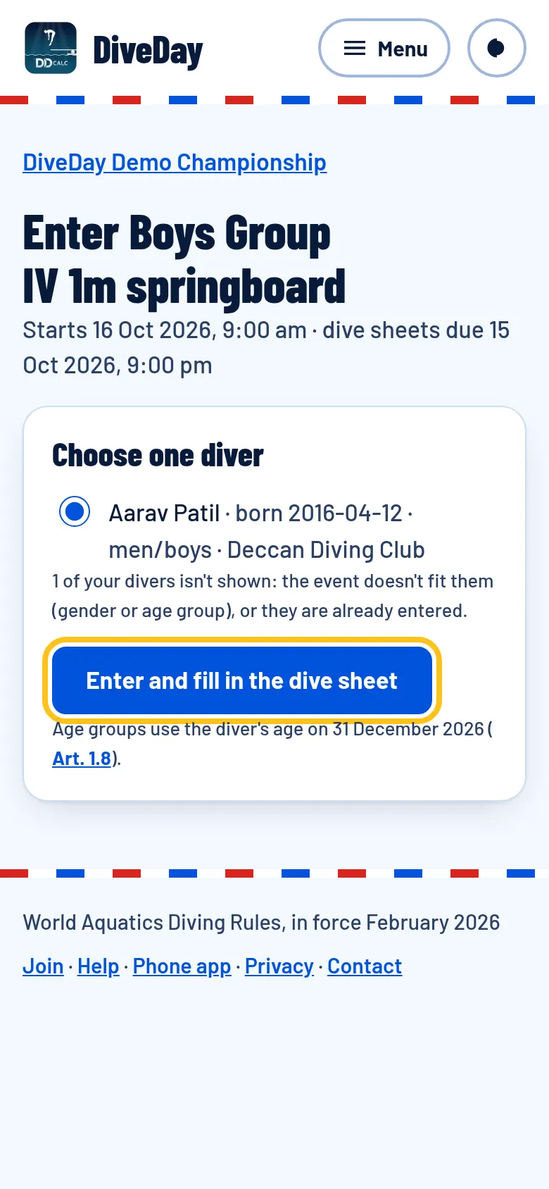 Entering an event: choose the diver