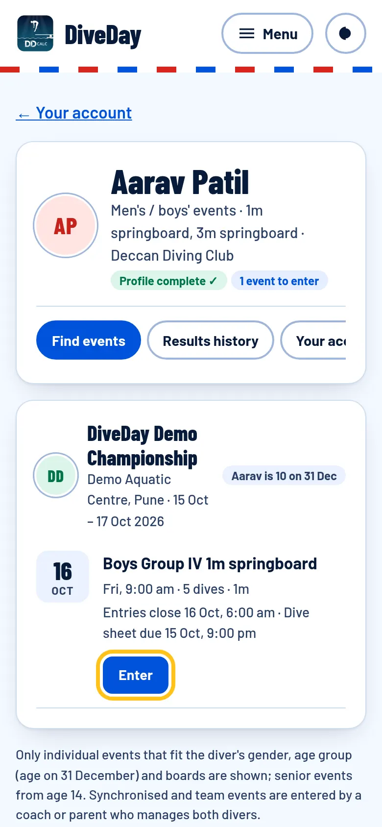 Find events for one diver, with the Enter button