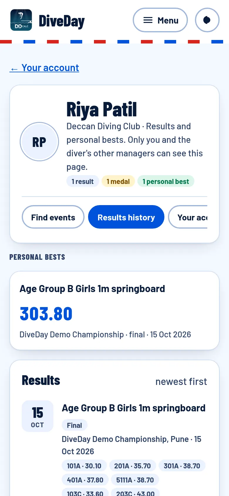 A diver's results history and personal bests