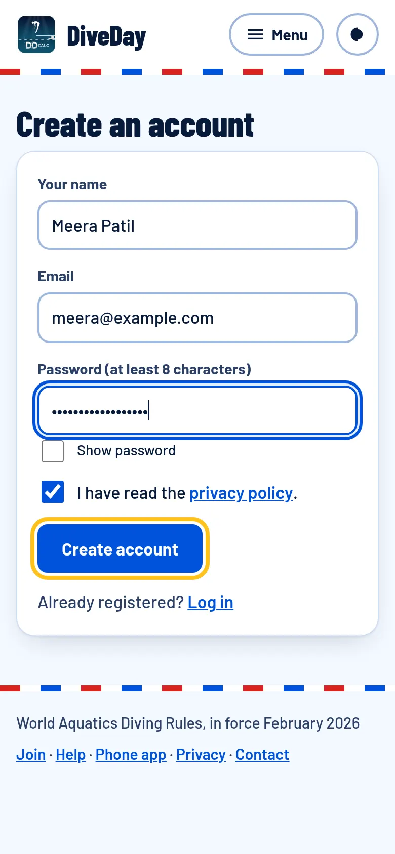 The Create an account form with name, email and password