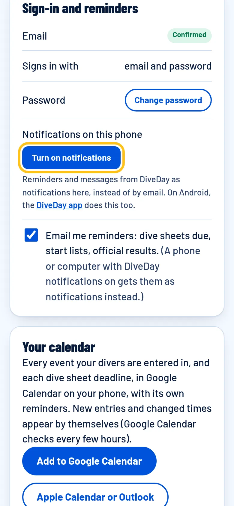 Sign-in and reminders: Turn on notifications