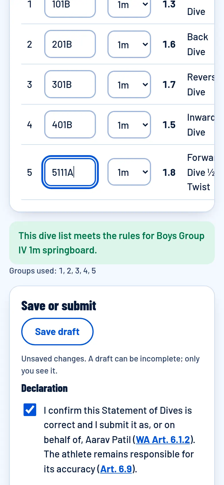The list meets the rules; the declaration and Finalize and submit