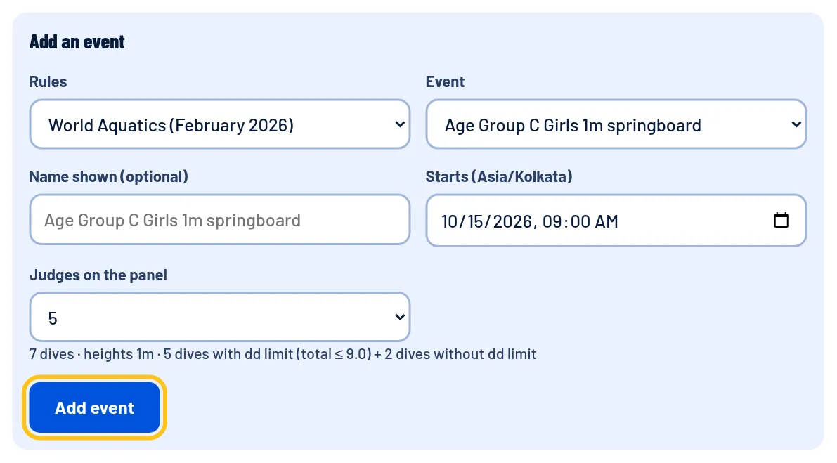 The Add an event form
