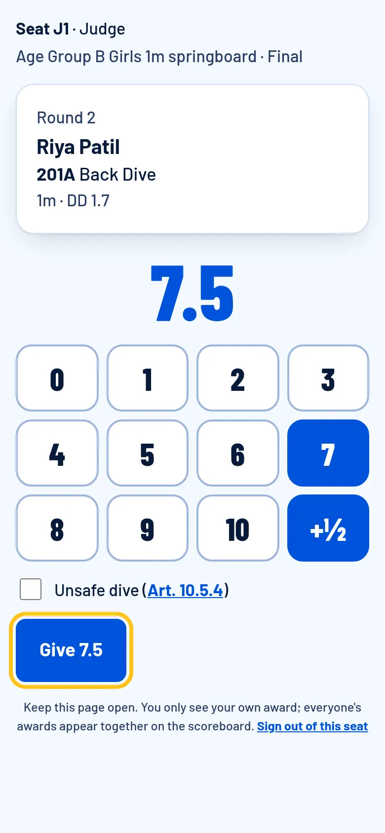 A judge's phone: the dive and the award 7.5