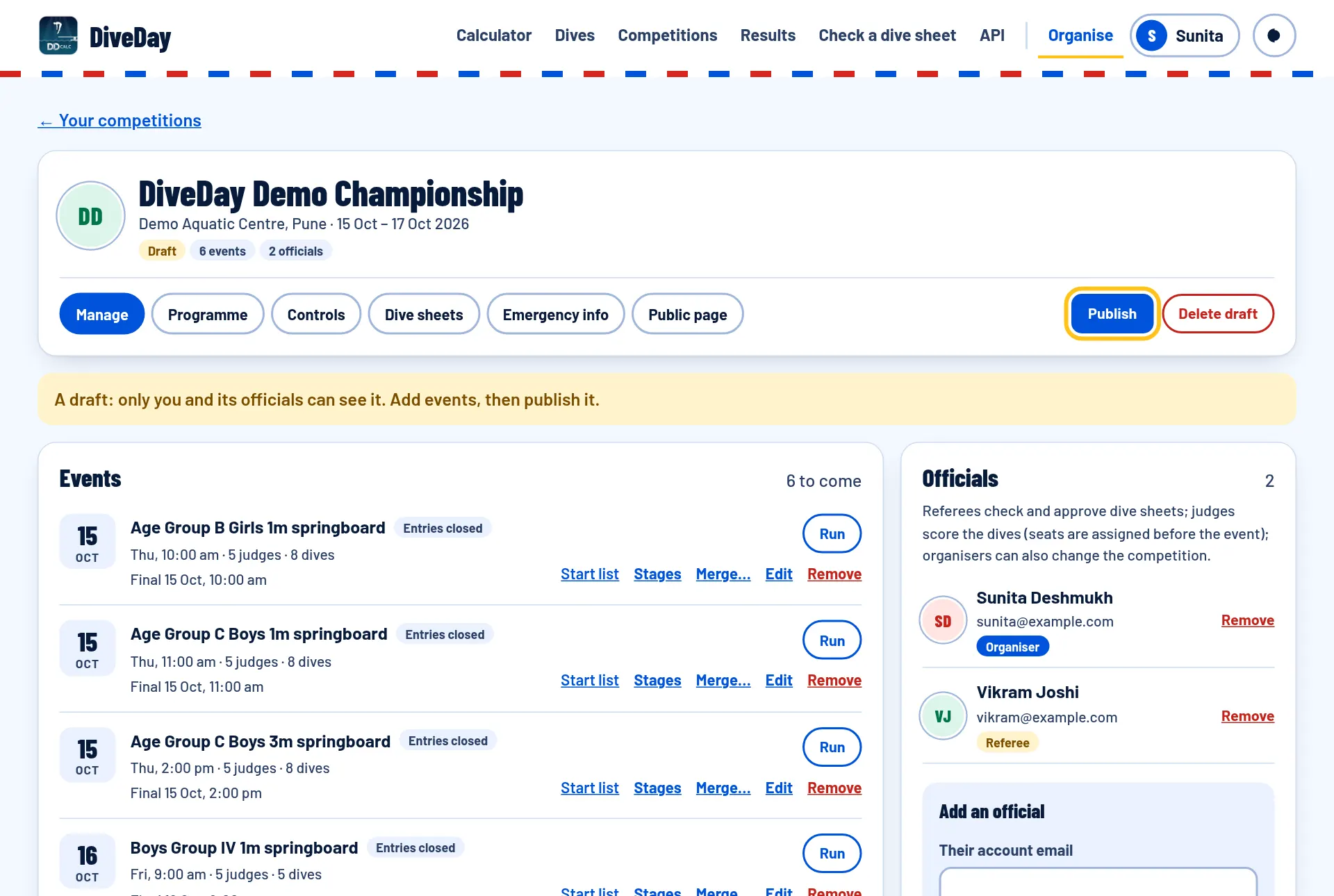 The Manage page of a draft competition, with Publish