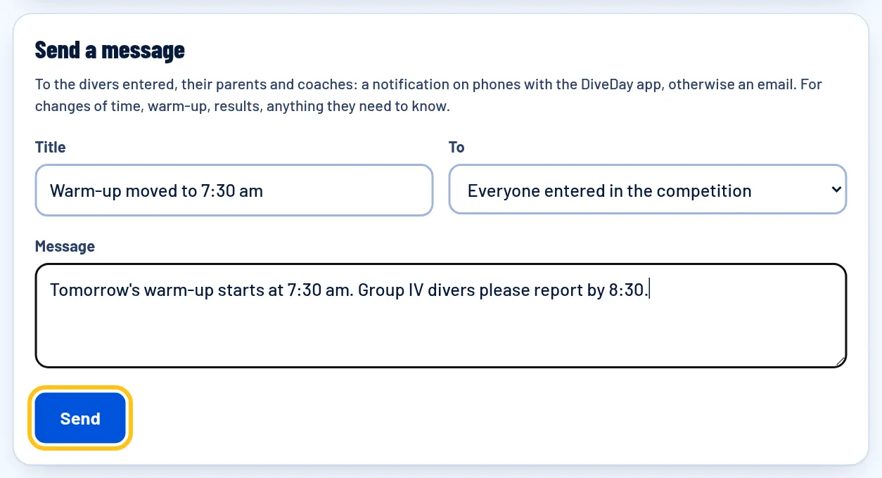 Send a message: Warm-up moved to 7:30 am
